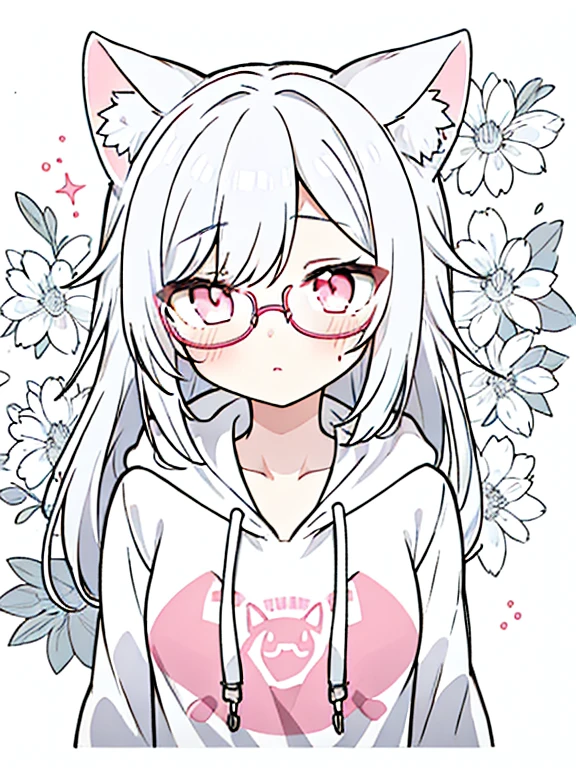 best quality, masterpiece, 1 girl, loli, upper body, female, pink eyes, long hair, small breasts, glasses, hime cut, expressionless, wink , cat ears, white hair, silver hair, streaked hair,hoodie, murder, long bangs