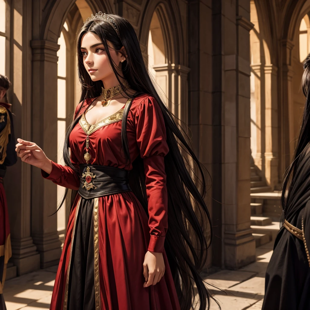 a 17-year-old girl, good person, olive skin, long black straight hair, red highlights, bright red eyes, kind, long black and red corseted dress, long sleeve, fully dressed, shirt on, no muscles, pretty, kind, generous, rude, stubborn, satchel, medieval, in palace, princess, jewelry, one person