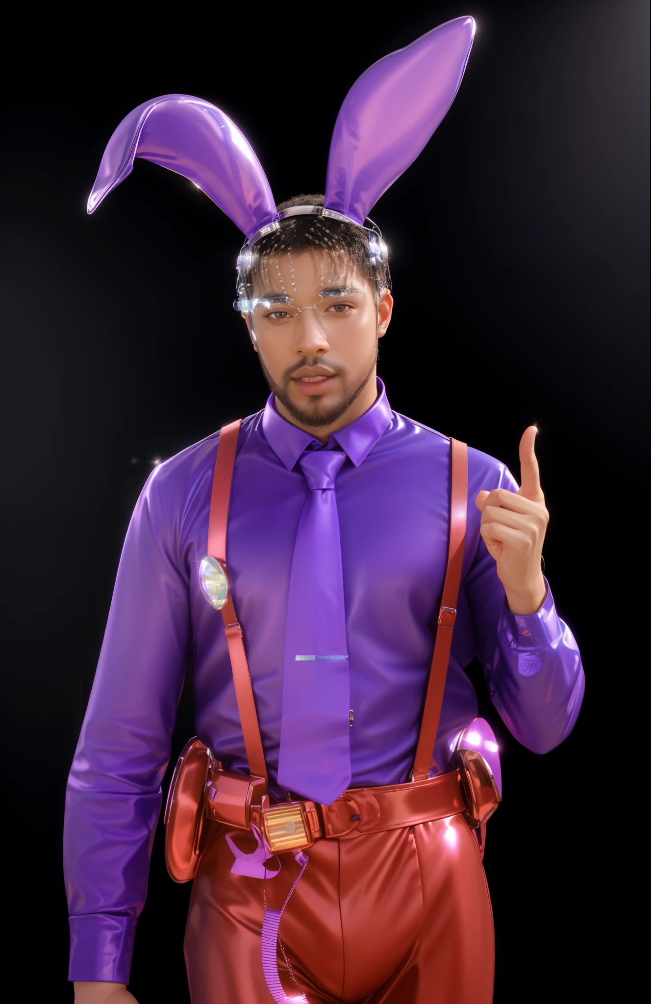 purple bunny ears on a man's head, guy using the purple fancy suit, bad bunny, afroamerican black man, man in a jester costume, wearing cybernetic bunny ears, as a fortnite character, rabbt_character, male jester, chuck e. cheese head, bunny suit, tina turner in a turnip costume, leather bunny costume bodysuit, glossy texture, smooth 3d model, multiple light sources, rim light, sharp post effects render, (glossy plastic texture with multiple big light probe refractions), perfect cgi, smooth silhouette, high intensity refraction, (super glossy material), most beautiful vfx, blue background, plastic refractions, realistic, 4k, high resolution, rim light, photo shoot, commercial photo, profile shot, 4k, rim light, high resolution, 4k, glossy texture, smooth 3d model, multiple light sources, rim light, sharp post effects render, (glossy metallic texture with multiple big light probe refractions), perfect cgi, cgi art created only with gradients, smooth silhouette, high intensity refraction, (super glossy chrome material), most beautiful vfx, blue background, chrome metal refractions, multiple light sources, rim light, sharp post effects render, perfect cgi, digital art, detailed digital art, reflective, best quality, 4k, masterpiece:1.2, ultra-detailed, realistic, vivid colors, dark and moody lighting, The image of the highest quality, ensuring every detail showcased perfectly. It in 4k resolution, allowing viewers to immerse themselves in the richness of the colors and intricate details. The realistic rendering. under the spotlight, reflecting, high-resolution image, realistic rendering, dark background, and rim light photorealistic