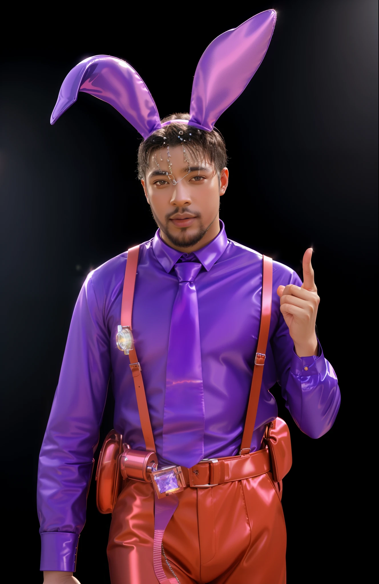 purple  ears on a man's head, guy using the purple fancy suit, bad , afroamerican black man, man in a jester costume, wearing cybernetic  ears, as a fortnite character, rabbt_character, male jester, chuck e. cheese head,  suit, tina turner in a turnip costume, leather  costume , glossy texture, smooth 3d model, multiple light sources, rim light, sharp post effects render, (glossy plastic texture with multiple big light probe refractions), perfect cgi, smooth silhouette, high intensity refraction, (super glossy material), most beautiful vfx, blue background, plastic refractions, realistic, 4k, high resolution, rim light, photo shoot, commercial photo, profile shot, 4k, rim light, high resolution, 4k, glossy texture, smooth 3d model, multiple light sources, rim light, sharp post effects render, (glossy metallic texture with multiple big light probe refractions), perfect cgi, cgi art created only with gradients, smooth silhouette, high intensity refraction, (super glossy chrome material), most beautiful vfx, blue background, chrome metal refractions, multiple light sources, rim light, sharp post effects render, perfect cgi, digital art, detailed digital art, reflective, best quality, 4k, masterpiece:1.2, ultra-detailed, realistic, vivid colors, dark and moody lighting, The image of the highest quality, ensuring every detail showcased perfectly. It in 4k resolution, allowing viewers to immerse themselves in the richness of the colors and intricate details. The realistic rendering. under the spotlight, reflecting, high-resolution image, realistic rendering, dark background, and rim light photorealistic