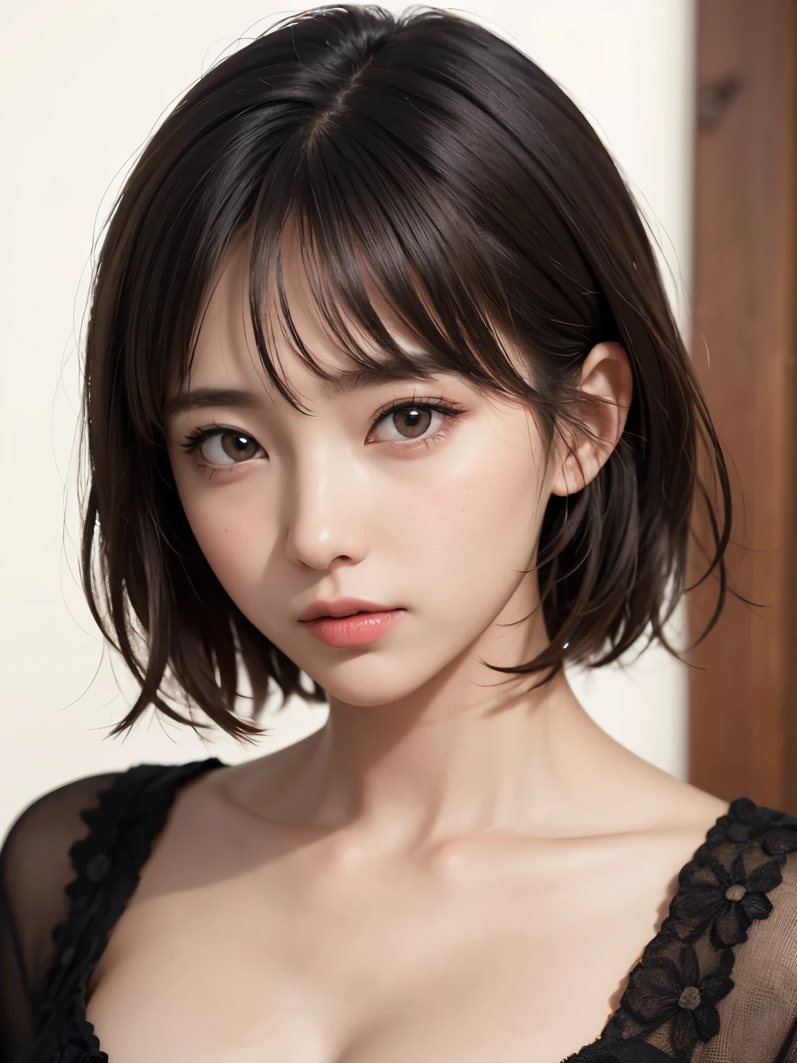 Japanese women、18-year-old, very cute, beautiful, (embarrassed:1.3), blush、highest quality、Detailed workmanship、high resolution、masterpiece、(8K, High resolution),  photorealistic、High definition face、Face is in focus, Moist eyes、(Focused, symmetrical pupils:1.2)、High-definition and beautiful skin、Firm Skin、Natural Makeup、gross lip, High-definition hair texture, (looking at viewer:1.2), cowboy shot, (short hair, messy hair:1.3), (multiple angles:1.2), medium breast, cleavage, nipples