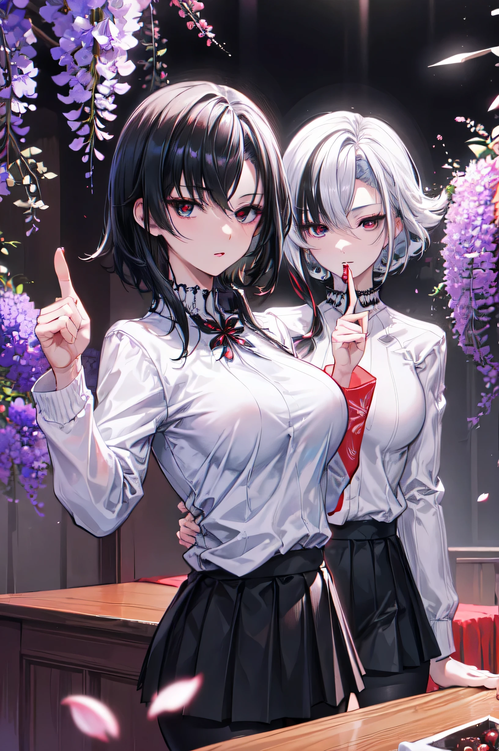 masterpiece, Best quality,girl, One, White hair, black hair, multicolored hair, X-shaped pupils, black eyes, One, Cherry blossoms, by the Khans, pink flower, white flower, spring season, wisteria, petals, flower, plum blossom, on open air, falling petals, (big breasts),thick thighs, ,Smaller clothes,((White sweater,black leggings, black pleated skirt with red accent)),commercial photography,at night, world, High detail, sharp focus, (photorealism), realistic, Best quality, 8K, Award Winning, Dramatic lighting, Epic, cinematic, masterpiece, rim light, ambient fog:1.3, Dutch corner, depth of field,8K uhd, high quality, Blur, blur depth, cinematic, 4K cinematic image, (Unlit face:1.4), (Unlit:1.3), (upper body shot:1.1), (Very dark:1.1, underexposed:1.1),(hand, pointing to lips:1.5),commercial,at night, world, High detail, sharp focus, (photorealism), realistic, Best quality, 8K, Award Winning, Dramatic lighting, Epic, cinematic, masterpiece, rim light, ambient fog:1.3, Dutch corner, depth of field,8K uhd, high quality, Blur, blur depth, cinematic, 4K cinematic image,(Moving away from the viewer), I look at the viewer,