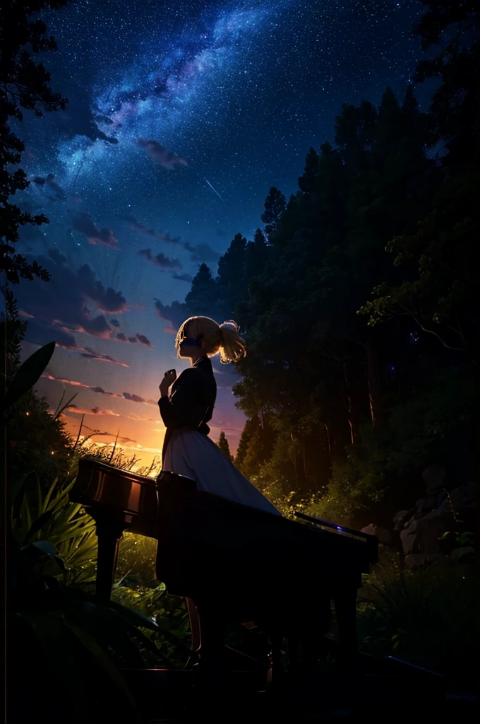 (((masterpiece)))、(((highest quality)))、((Very detailed))、Blonde woman，silhouette，in the forest、Illuminated by the moonlight，(piano)、Starry Sky、milky way，The wind is blowing、