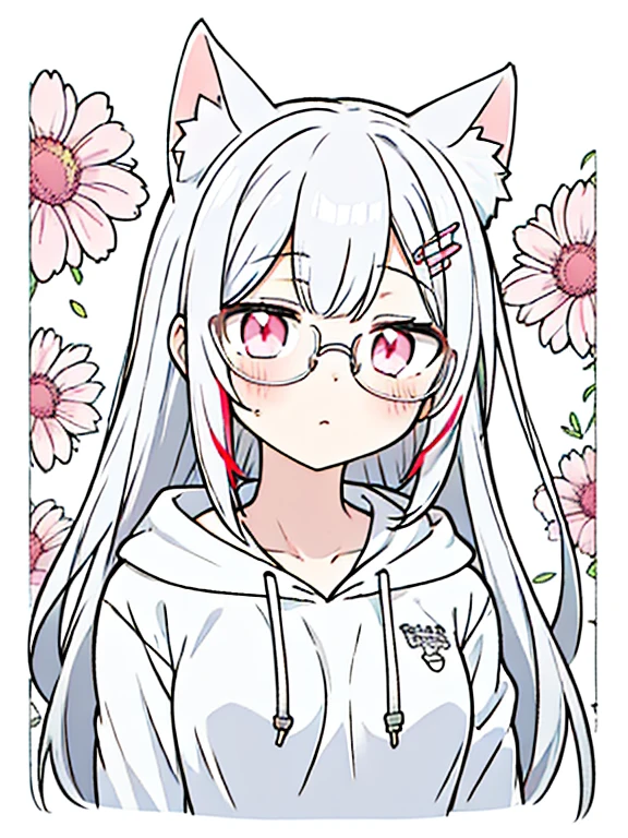 best quality, masterpiece, 1 girl, , upper body, female, pink eyes, long hair, small breasts, glasses, hime cut, expressionless, wink , cat ears, white hair, silver hair, streaked hair，hoodie,  murder, long bangs