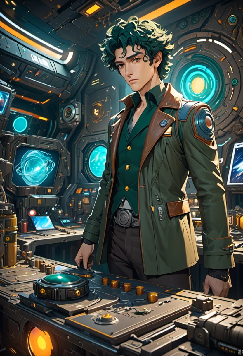 Vector style Spike Spiegel unique set 《Intergalactic cowboy》Combination of science fiction and western elements,Create a unique cosmic background,Intricate details, Unreal Engine, fantasy, Intricate details 融合了未来科技和西部牛仔的风格,Gives a sense of novelty and adventure。 Highly detailed unique character bounty hunter Spike Spiegel (close up)tall and slim,Handsome with dark green hair and brown eyes masterpiece movie stills, Digital oil painting paint dripping art station concept art high-definition high-quality art work