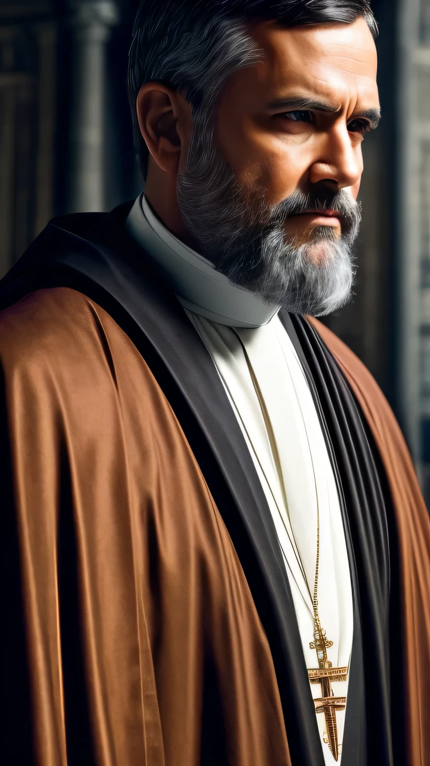 male priest, Martin Luther, Black Robe, older, handsome gentleman, beard, brown hair, Cross Necklace, religion, church in the background, Dramatic lighting, movie angle, Ultra-high resolution, masterpiece, Very detailed, ((Face close-up))