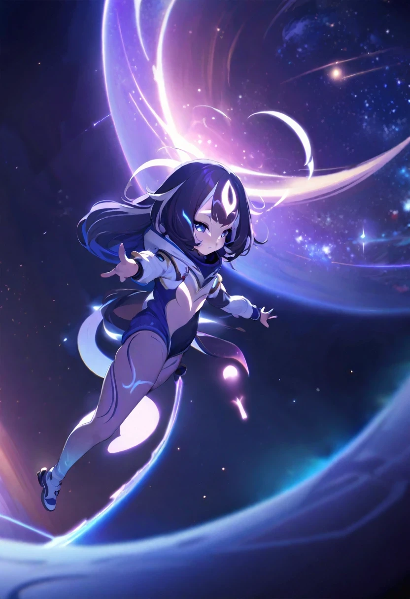 ((shylily)),(masterpiece:1.2),(best quality:1.2),((full body)) oni, demon girl, cosmic energy face markings, horned crescent moon, galaxy-painted hair, celestial, cosmic ((galactic skin)), starship observatory, exploring interstellar wonders, fusing magic with science, detailed face, cosmic wand, space-explorer suit, wholesome