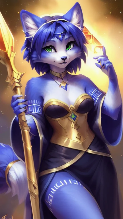 A beautiful and detailed (sweet picture) von ((Krystal)), Sternenfuchs Krystal, Schlank, liebenswert, green eyes, small breasts, lange haare,fantasie robe, Dekollete, Grinsen, hoch schauen,, Anthro, Pelzig, Hochgeladen E621, detailed flauschige fur, (von Fluff-Kevlar, Bayard Wu, personalami, Pino Daeni), detailliertes Gesicht, (flauschige), 1Girl, Allein, (posing with a golden staff in her hands:1.3),light armor