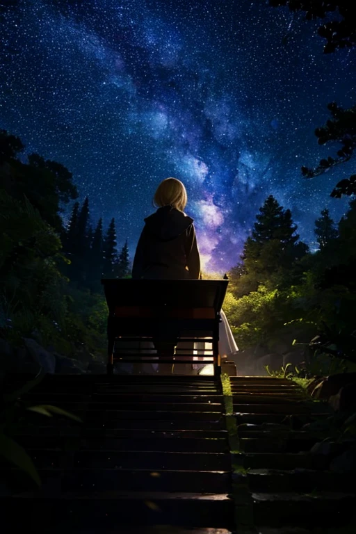 (((masterpiece)))、(((highest quality)))、((Very detailed))、Blonde woman，silhouette，in the forest、Illuminated by the moonlight，(piano)、Starry Sky、milky way，The wind is blowing、
