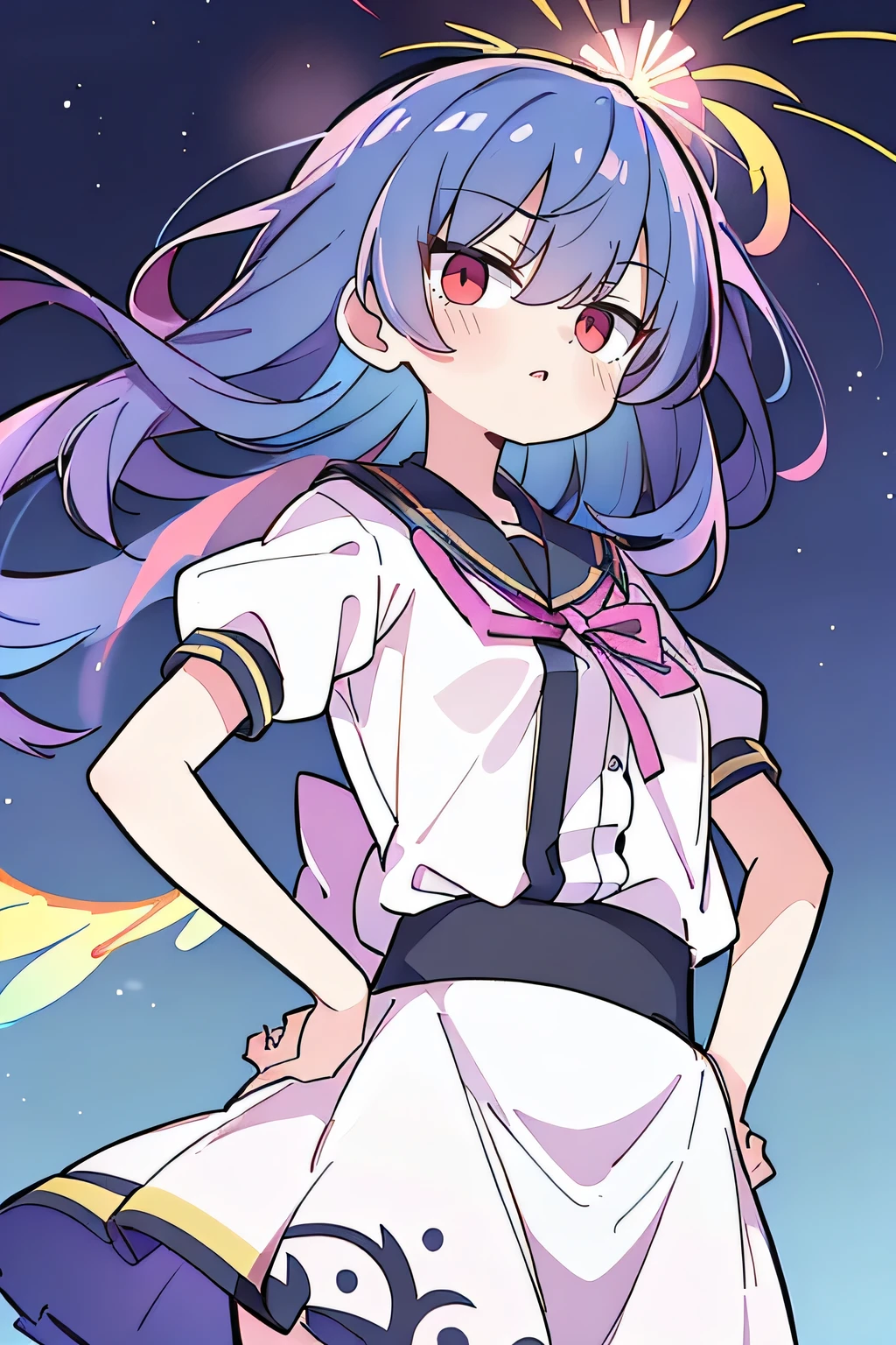 (best quality, masterpiece:1.2, expressive eyes, perfect face, 1 girl, hands on waist, beautiful, gorgeous, Japanese anime, girl, Lola, Hinamori Angel, blue hair, floating clothes, grabbing waist, grabbing waist, hands on hips, hands on hips, flat-chested, night, fireworks)