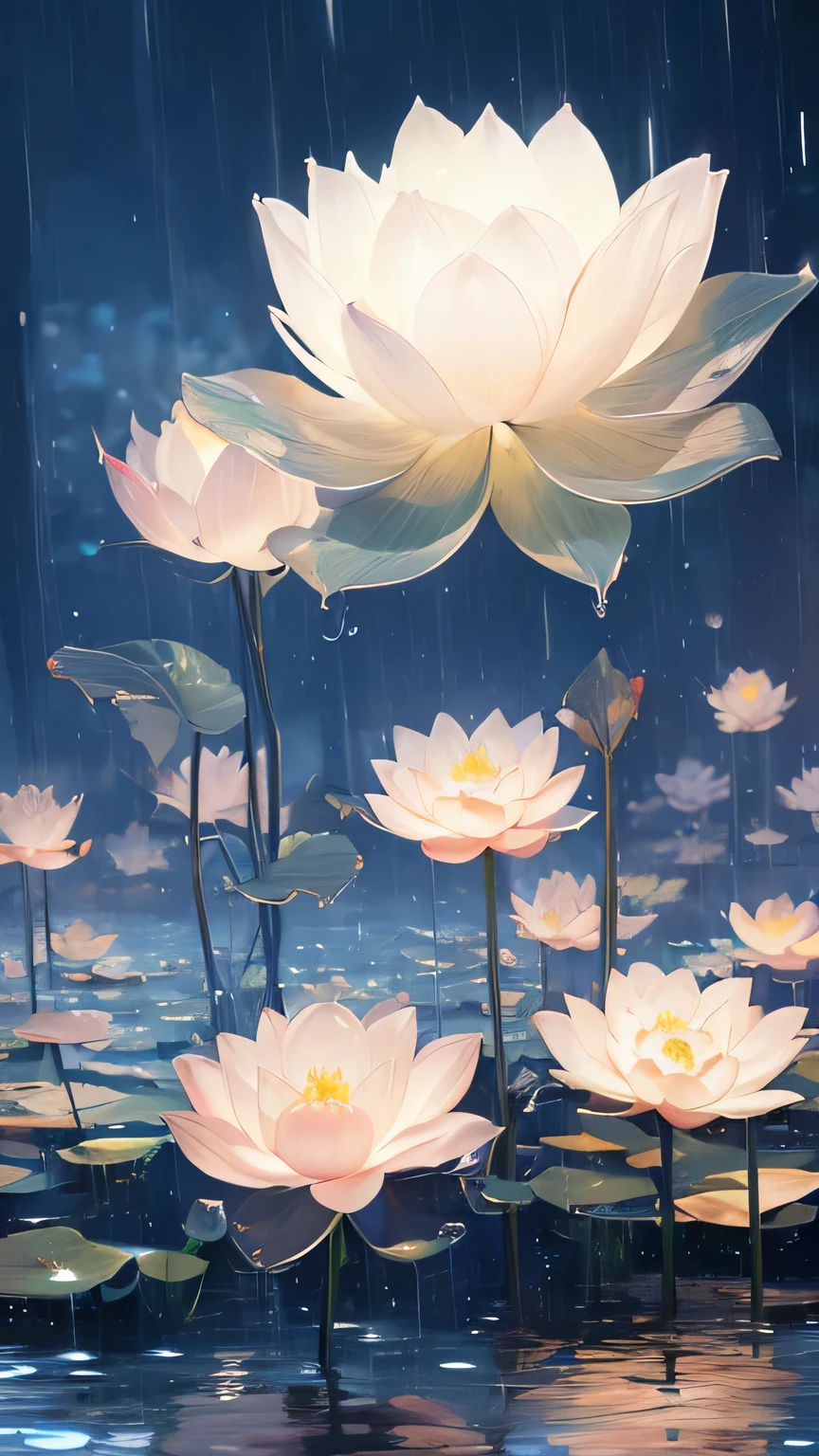 night, Only moonlight illuminates, new moon, distant mountains, Beautiful big lotus nearby, big red lotus, There is running water next to it, frog, summer is full of joy, new moon in the sky mixed with stars, Amazing wallpapers, rainy night, rainy night, Pretty and beautiful, Movie, High Detail ((downpour))), 8k