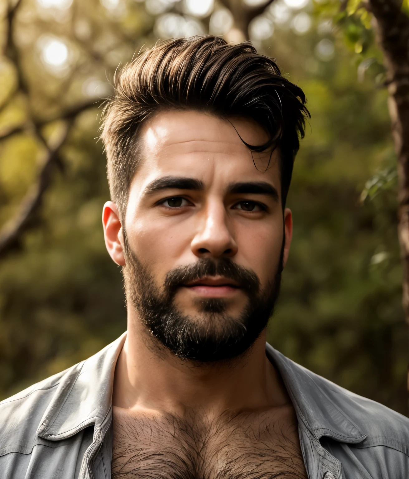 masterpiece, best quality, high resolution, closeup portrait, male focus, solo focus, A man, 30 years old, with hunter clothes, hunter green clothes, hunter, unbuttoned undone hunter clothes, silver grey hair, messy hairstyle, cute and seductive face, bare chest, body hair, facial hair, roman nose, scruffy, hairy abs, skinny body, hairy legs, dimples, beard, bold jawline , in the background a nature hunting area, view from below, amazing composition, front view, HDR, ultra quality, elegant, highly detailed
