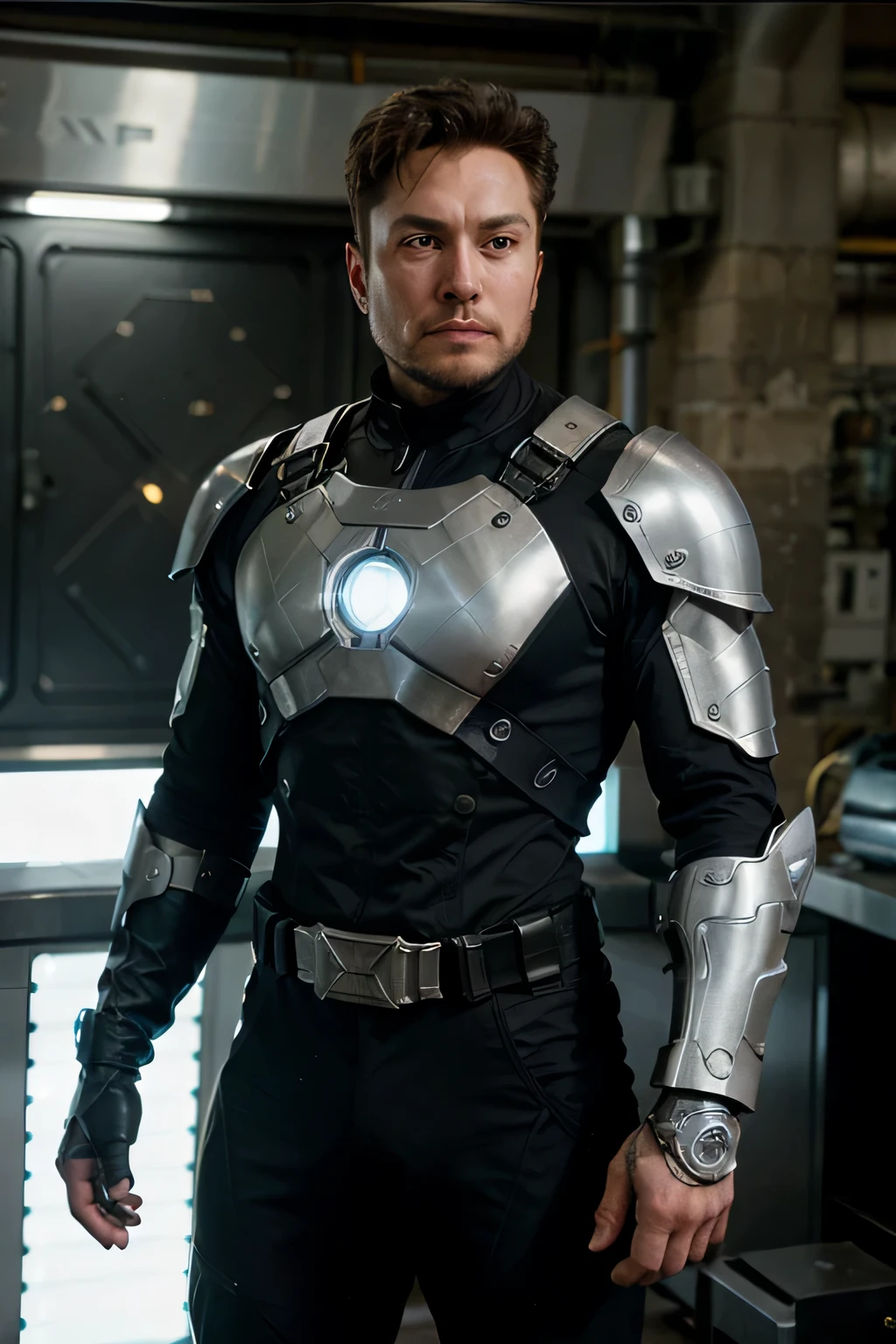 The hero "X-Force" is a fearless and visionary man, inspired by the real-life innovator Elon Musk at 52 years old. In a world where technology and humanity collide, X-Force emerges as a cyberpunk icon, blending advanced technological abilities with a rebellious spirit. Clad in a cutting-edge technological armor reminiscent of a futuristic knight, he combines the strength of steel with the brilliance of innovation. The armor, crafted by Stark Industries, bears the stylized symbol "X" on the chest, symbolizing his role as a guardian of progress in a dystopian landscape. A flowing cape billows behind him, adding a touch of superhero flair to his cybernetic warrior persona. With unwavering determination, X-Force fearlessly navigates the digital realm, using his Stark Industries-enhanced armor to shape a better and safer future for all in a world where technology reigns supreme.
