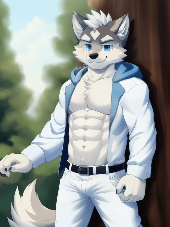 A white dog with green eyes shirtless in the forest wearing sweats and a black and white letterman jacket