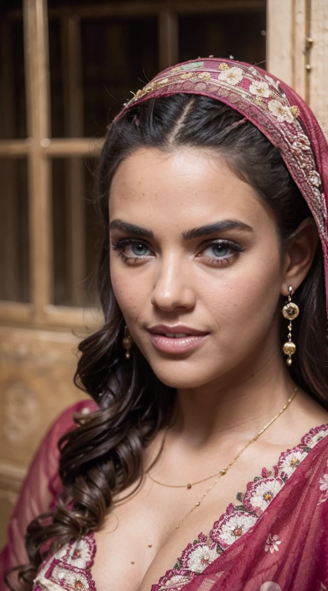 Moroccan girl, Brunnete, (Traditional respectful covered dress), (very loose head scarf showing curly hair), (Morrocan souk environment), masterpiece, best quality, highly detailed, (Beautiful and detailed eyes beautiful and detailed face), (Best Quality), (ultra-detailed), (masterpiece), (high resolution), (Original), ultra-realistic.