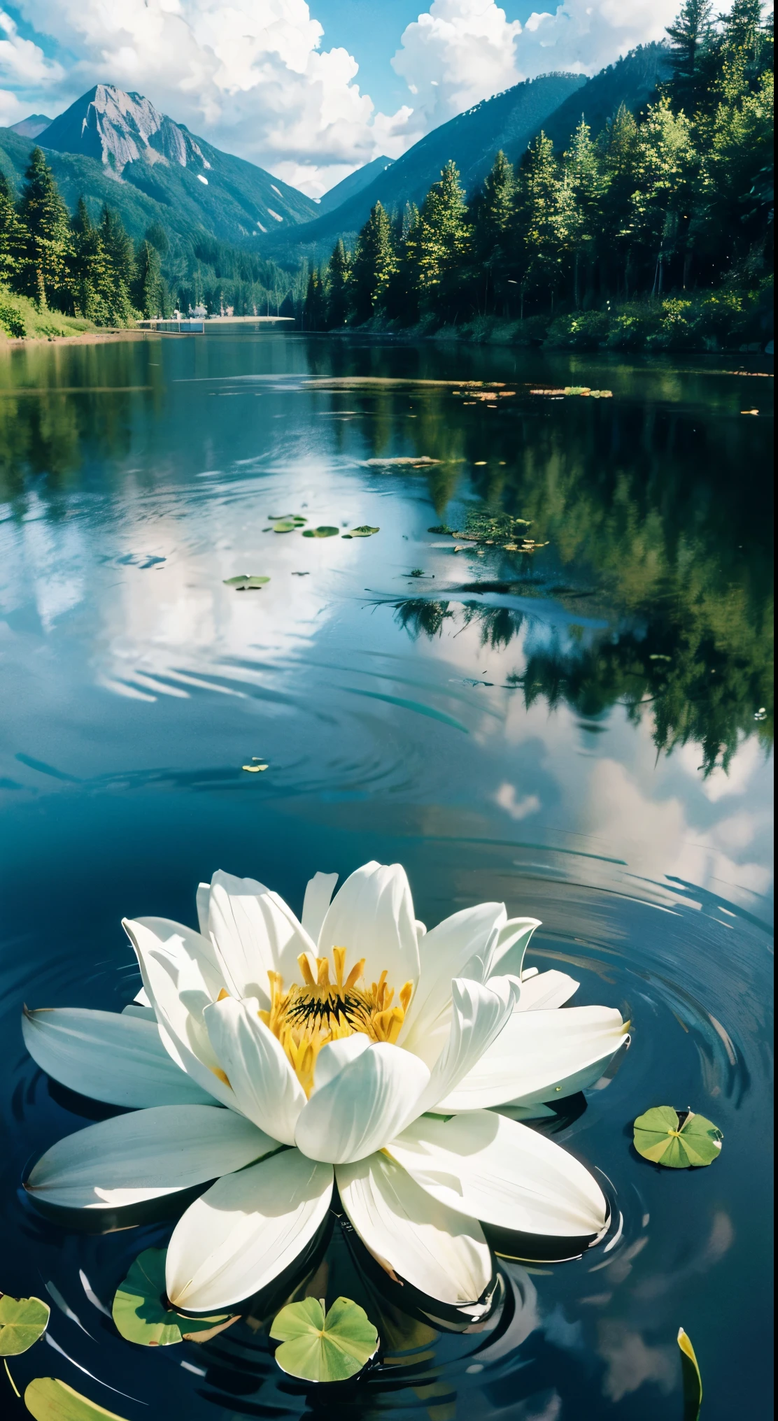 a small watercraft with many lily pads, in the style of animated gifs, dreamlike illustrations, colorful animation stills, bo chen, soft shading, aerial view, restrained impressionism