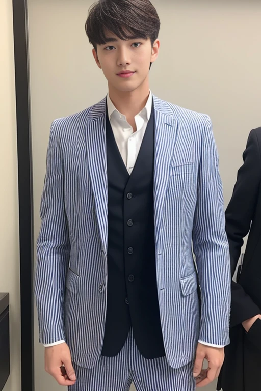 Fresh and handsome 20-year-old new employee、　（Super handsome guy in S-class suit）、　Japanese 20-year-old boy、　merchant、　ultra luxury suit、　striped suit、　office、　Stand up in a suitＳYoung handsome man、　Full body image、　（CG Unity 8K high-detail photos）、　（Very detailedＳHandsome guy in class）、　（Photos are real）、　　（（Top quality））、　Ultra Detailed、　（masterpiece）、　Ultra-high quality、　High、　Viewer、　gentleman、　very beautiful hair、　short hair、　bright photos、　As handsome as a model、　As handsome as an idol、　luxury watch、　cool belt、　Japanese