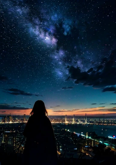 １people々,Blonde long hair，Long coat，silhouette， Rear View，Space Sky, milky way, Anime Style, Night view of the city from the mountainside，