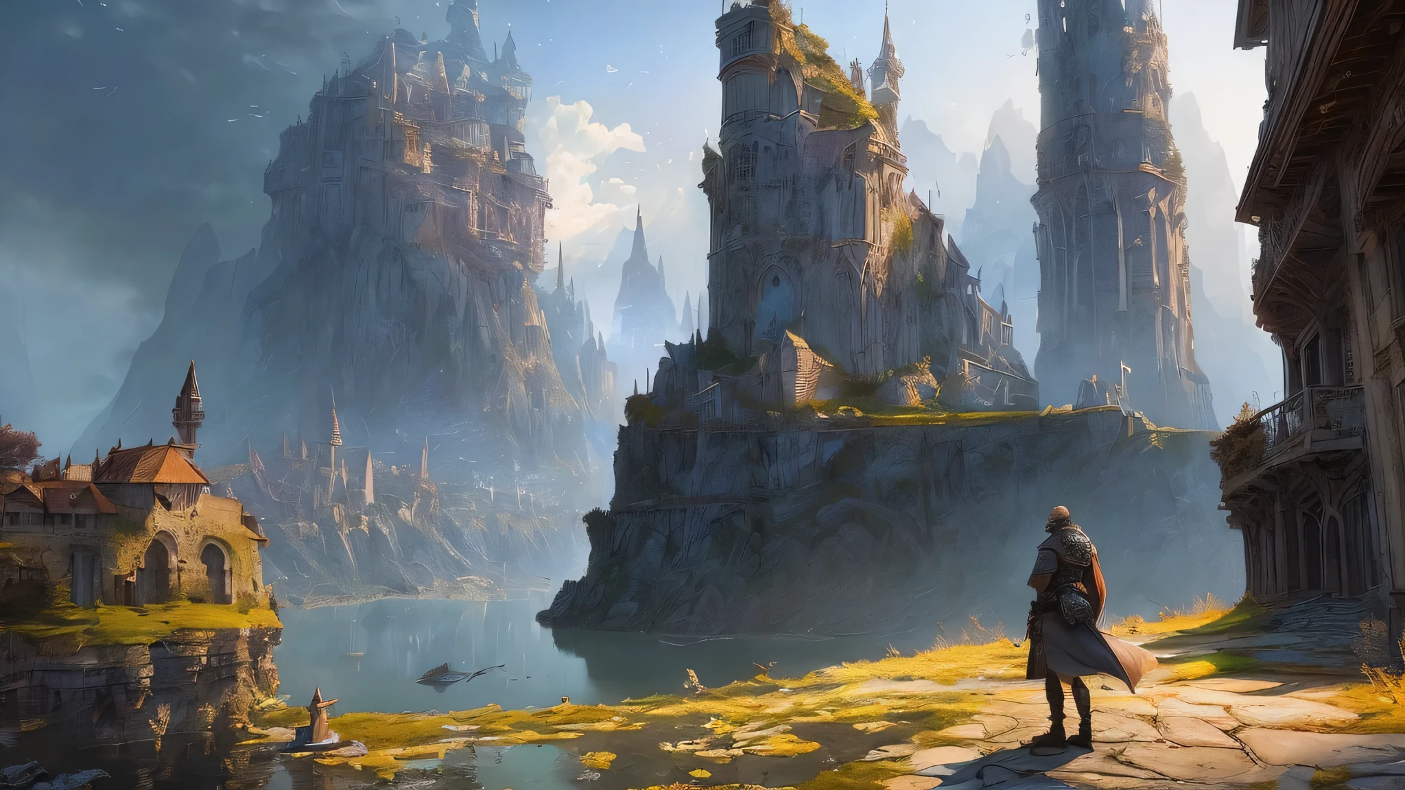 "(by Greg Rutkowski: 1.2), (masterpiece), ((best quality)), extremely delicate and beautiful, illustration, dynamic lighting, (fantasy landscape), A mesmerizing fantasy landscape with enchanting elements blending seamlessly. ((Hero arriving on a ship in a medieval coastal city (Neverwinter) to begin his adventure)), A sense of tranquility and wonder fills the air, inviting exploration and discovery. Providing a distant view that captures the grandeur and atmosphere. From Brian Froud and Carne Griffiths and Wadim Kashin and John William Waterhouse, 8K post-production, high resolution, ((highly detailed)), depth of field, HDR, intricate"