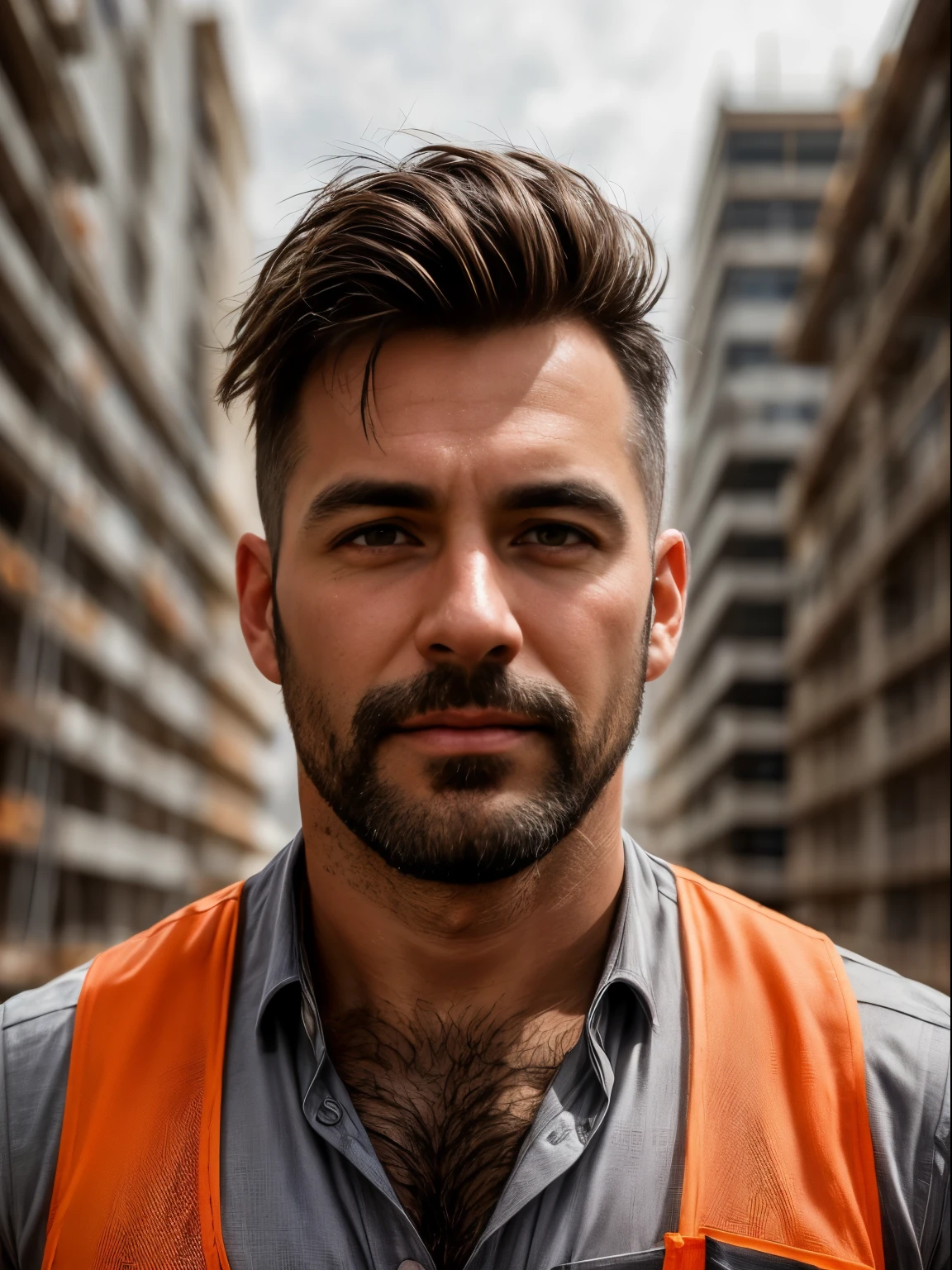 masterpiece, best quality, high resolution, closeup portrait, male focus, solo focus, A man, 40 years old, with construction worker uniform, unbuttoned work clothes, construction worker, silver grey hair, messy hairstyle, cute and seductive face, bare chest, body hair, facial hair, roman nose, very skinny body, hairy legs, dimples, beard, bold jawline , in the background a construction site, orange vest, gay , scruffy, erotic, view from below, amazing composition, front view, HDR, ultra quality, elegant, highly detailed, middle part hair