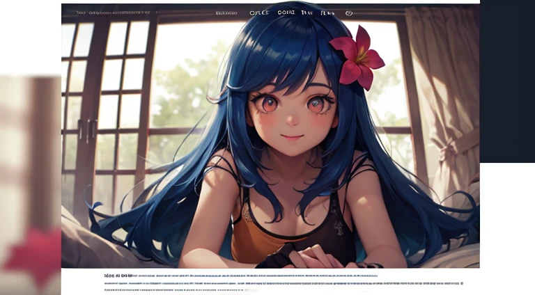 (Ultra Real), (Illustration), (High resolution), (8K), (sehr detailiert), (beste Illustration), (Lovely, detaillierte Augen), (best quality), (ultradetailliert), (Meisterwerk), (Nekko-Hintergrundbild), (detailliertes Gesicht), Bett, Top-Body-Up, kurzes Haar, Blaue Haare, pinke Blume, Achseln, smile, Klumpen, Allein, Simple white top tank top girls, verschwitzt, Japaner, large,