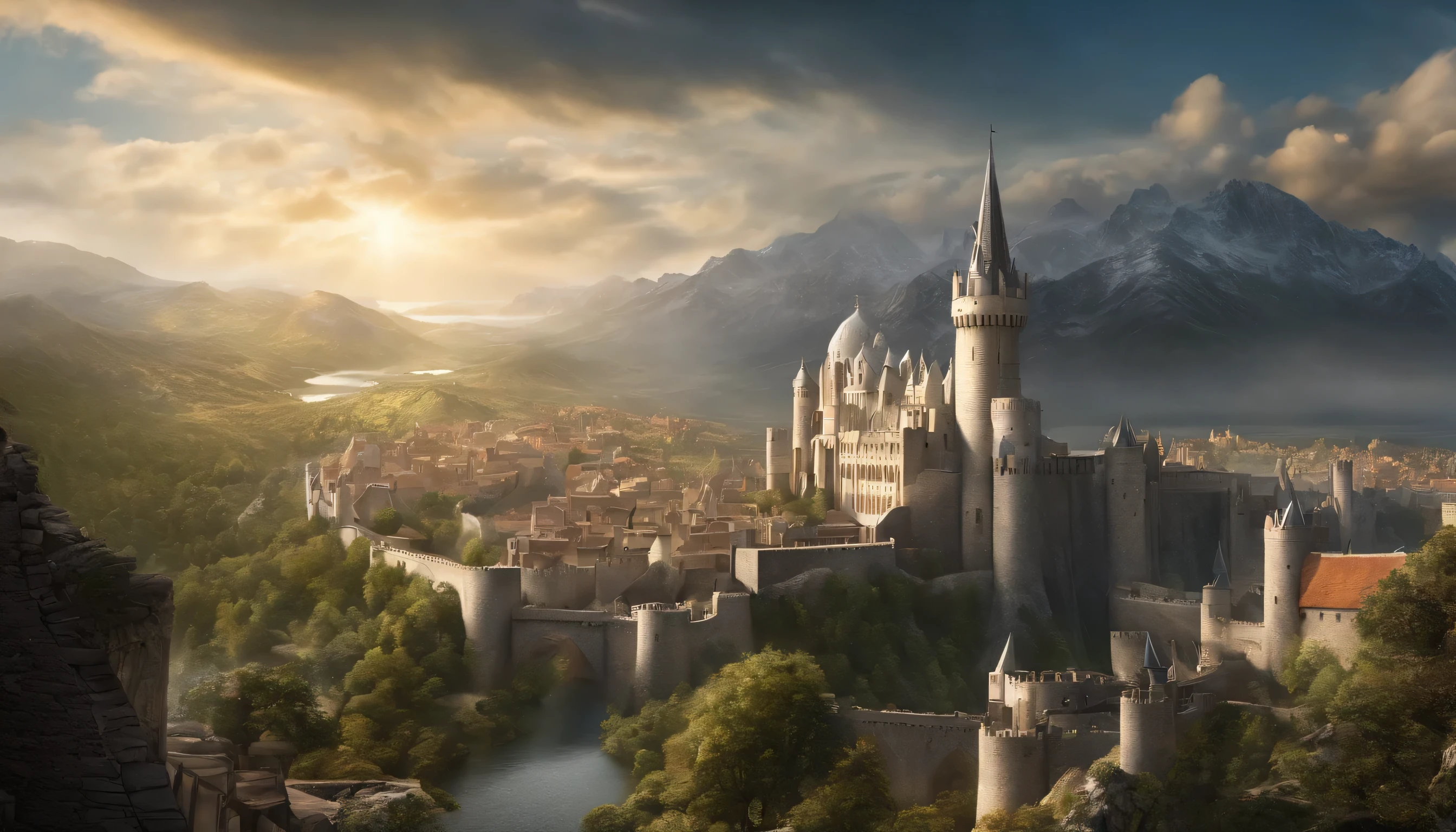 masterpiece, best quality, hd, hyper detailed, epic city, a white glorious medieval city, medieval, fantasy rpg, castle, perfect light, large city, minas tirith, giant dragon behind, high bright, ultra hd