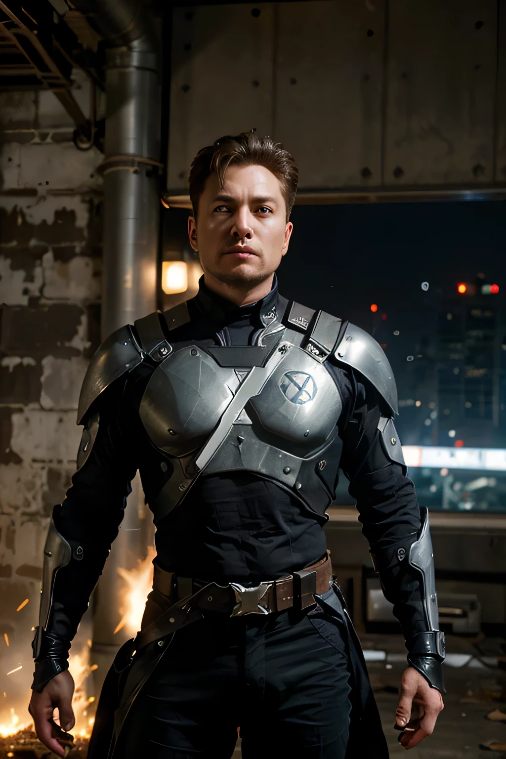The hero "X-Force" is a fearless and visionary man, inspired by the real-life innovator Elon Musk at 52 years old. In a world where technology and humanity collide, X-Force emerges as a cyberpunk icon, blending advanced technological abilities with a rebellious spirit. Clad in a cutting-edge technological armor reminiscent of a futuristic knight, he combines the strength of steel with the brilliance of innovation. The armor, crafted by Stark Industries, bears the stylized symbol "X" on the chest, symbolizing his role as a guardian of progress in a dystopian landscape. A flowing cape billows behind him, adding a touch of superhero flair to his cybernetic warrior persona. With unwavering determination, X-Force fearlessly navigates the digital realm, using his Stark Industries-enhanced armor to shape a better and safer future for all in a world where technology reigns supreme.