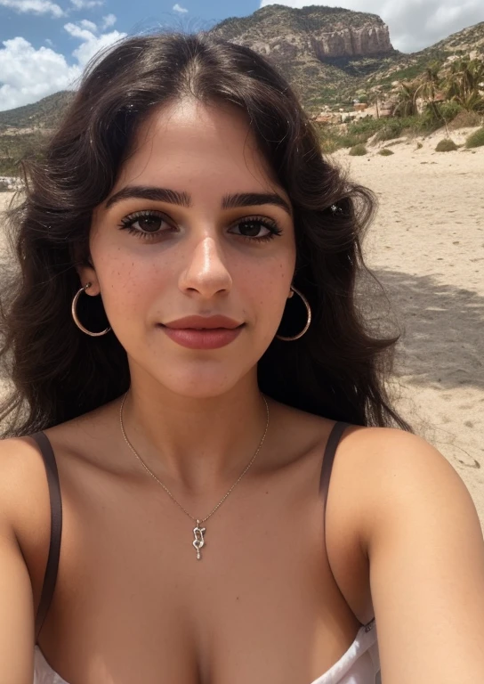 a selfie of a young and pretty woman of 20 years old , con cabello lacio,of Latin origins taken with the iPhone camera