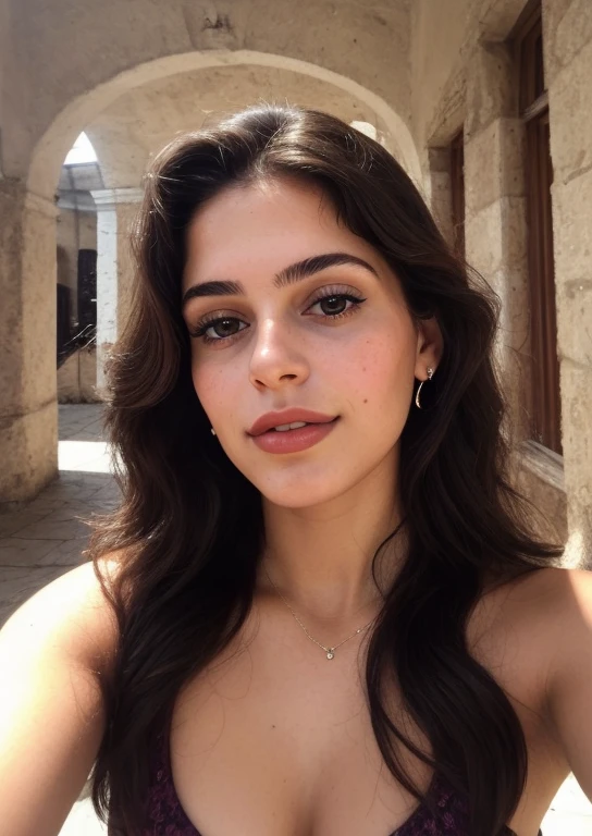 a selfie of a young and pretty woman of 20 years old , con cabello lacio,of Latin origins taken with the iPhone camera