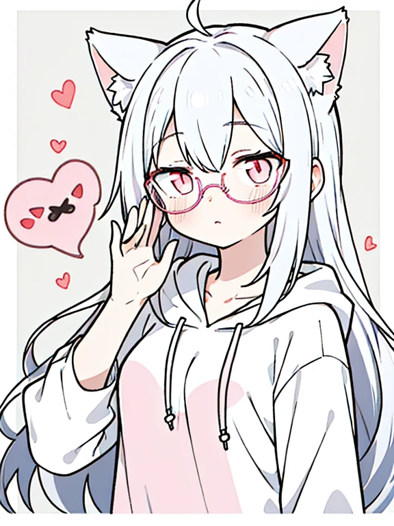 best quality, masterpiece, 1 girl, loli, upper body, female, pink eyes, long hair, small breasts, glasses, hime cut, expressionless, wink , cat ears, white hair, silver hair, streaked hair,hoodie, murder, long bangs