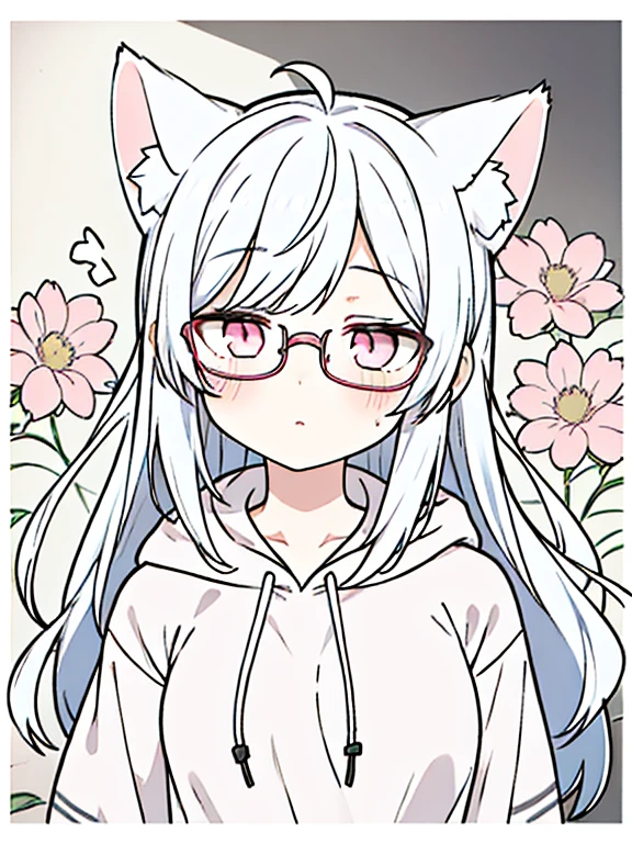 best quality, masterpiece, 1 girl, loli, upper body, female, pink eyes, long hair, small breasts, glasses, hime cut, expressionless, wink , cat ears, white hair, silver hair, streaked hair，hoodie,  murder, long bangs