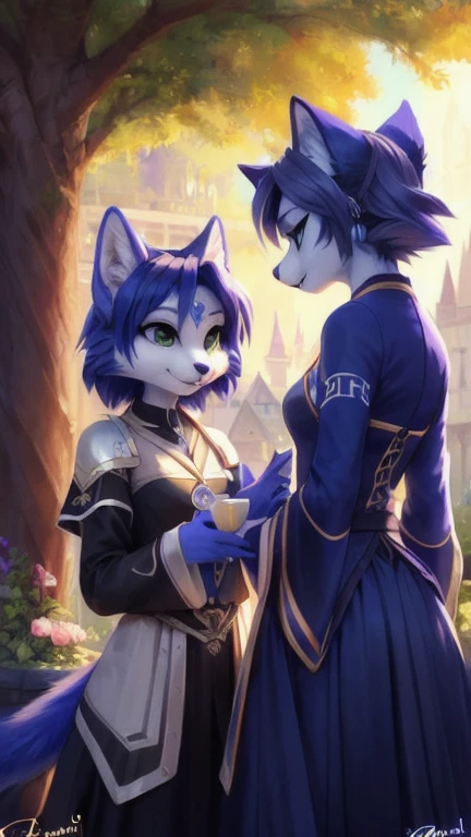 (furryart:1.0), furry, anthro, drawing, painting, 2girls, armor, blue hair, blurry, blurry background, blush, chromatic aberration, gloves, hair between eyes, hair ribbon, highres, long hair, looking at another, multiple girls, parted lips, pauldrons, purple ribbon, ribbon, shoulder armor, sketch, vambraces, violet eyes, white gloves, white hair, yuri, sexy pose, seductive, flirting, sexy lingerie, sexy stockings