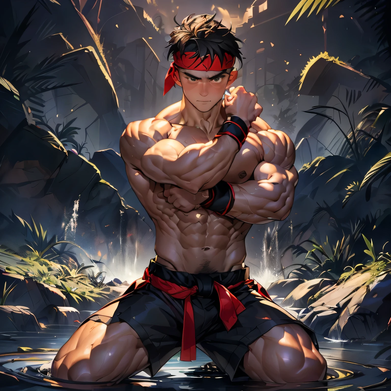 (Masterpiece, Best quality 19 year old boy, black background, looking away), solo, Young, boy, muscler, Shirtless, topless, (Dark Short straight hair, under cut, brown eyes), (red headband, ((black wristband))), Vivid colors, (hot Abs:1.2, abs!, big abs, big breast:1.2, chest!, muscler upper arms), (topless male), muscler!, muscler body, detailed face, detailed muscle, serious, (((A magical mystical aura power:1.4, rippling muscles, martial arts poses)))