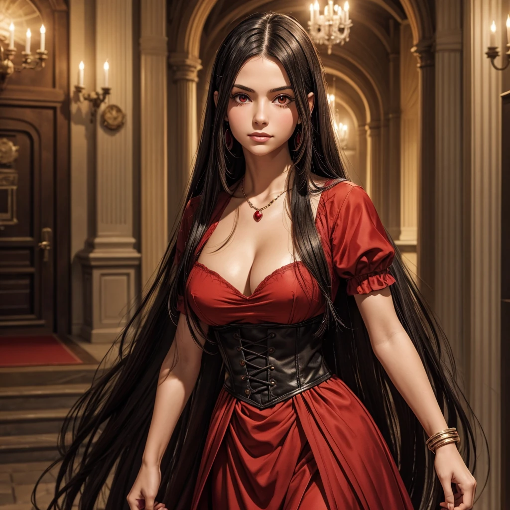 -yeld-gi good person, olive skin, long black straight hair, red highlights, bright red eyes, long black and red corseted dress, no muscles, pretty, kind, generous, rude, stubborn, satchel, medieval, in palace, princess, jewelry