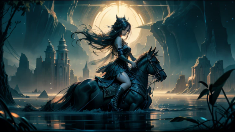 In the heart of a dark and mysterious night, where the unlimited imagination of fantasy comes to life, a fairy is gracefully riding a mythical beast on the surface of a vast and tranquil water body. The water flows with a shimmering, translucent veil, reflecting the dark blue sky with twinkling stars above. A single fairy, with long black hair cascading down her back, gazes into the depths of the water, her beautiful and delicate eyes adorned with eyelashes that catch the light.
The black eye of the abyss beneath the fairy's gaze seems to hold an unknown horror, as the water around her starts to ripple