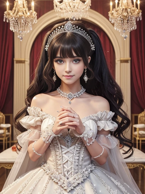 Dramatic composition, court-style dresses, royal, gorgeous, cascading frills, ruffles, bows, crystal chandeliers, Roman curly hairstyles, ponet, double ponytails like drills, look at the camera, bangs, maximalism, palatial background, delicate portrayal of hair and eyes, princess dresses, gorgeous skirts, flowers in hand, smiles, starry eyes, cinematic light, extreme detail, high definition, happy girl, very long hair, diamonds, broken diamonds, crystal fragments, light particles