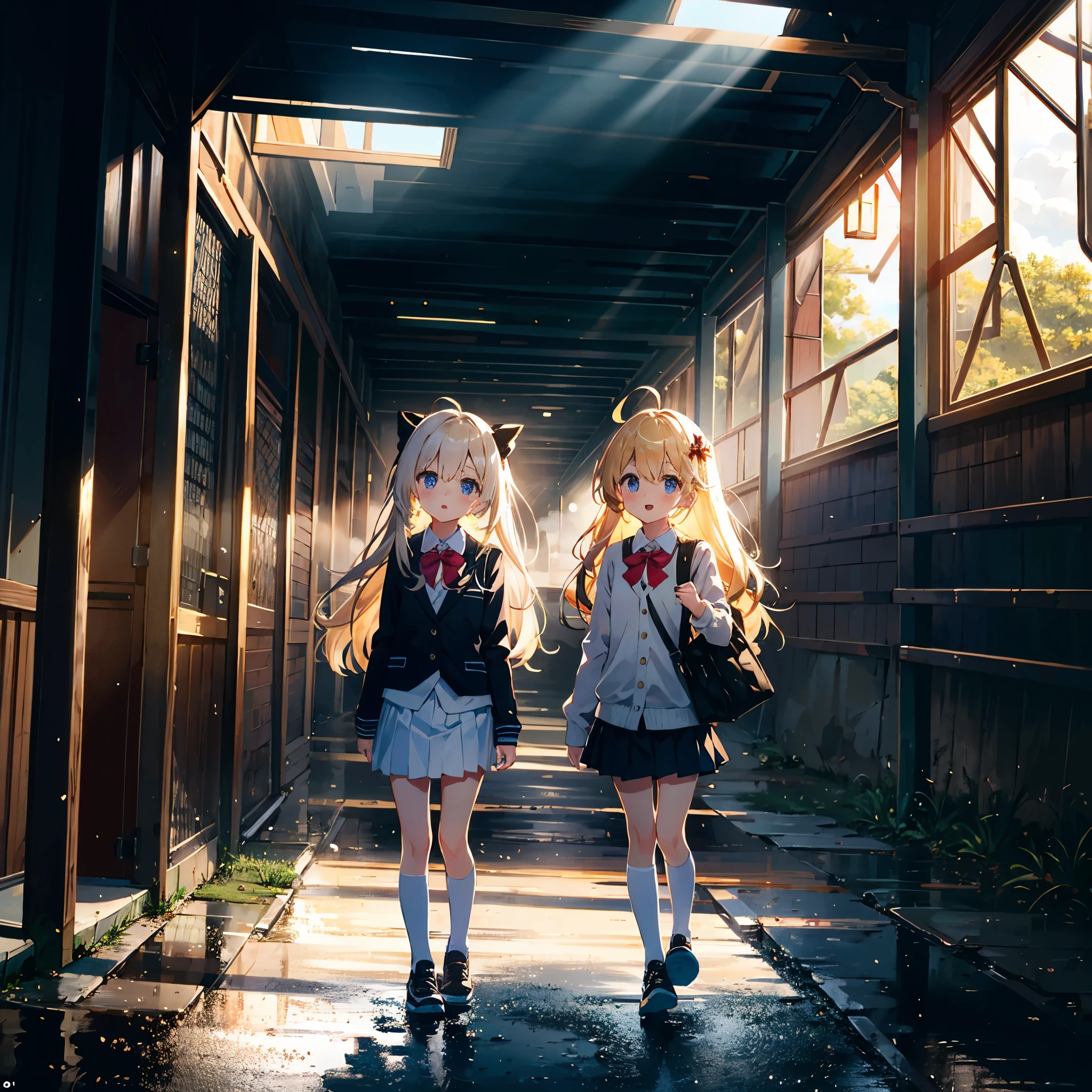 School gate (fantastic atmosphere, magical, mysterious light coming from between the clouds), 3 girls (2 years old), uniforms with very cute designs (stylish blazers, cute, flashy hair ornaments, miniskirt) ), sneakers, (short arms: 1 and a half years old), round face, (child: 1 and a half years old), (baby face: 1 and a half years old)), fantastic atmosphere, small breasts, blonde hair, tied at the head super long hair (hair, surface effect, color effect), diffused light, a girl holding a school bag raises her hand and smiles at the girls waiting at the school gate lora:deltamon_SDXL:0.73>Deltamon