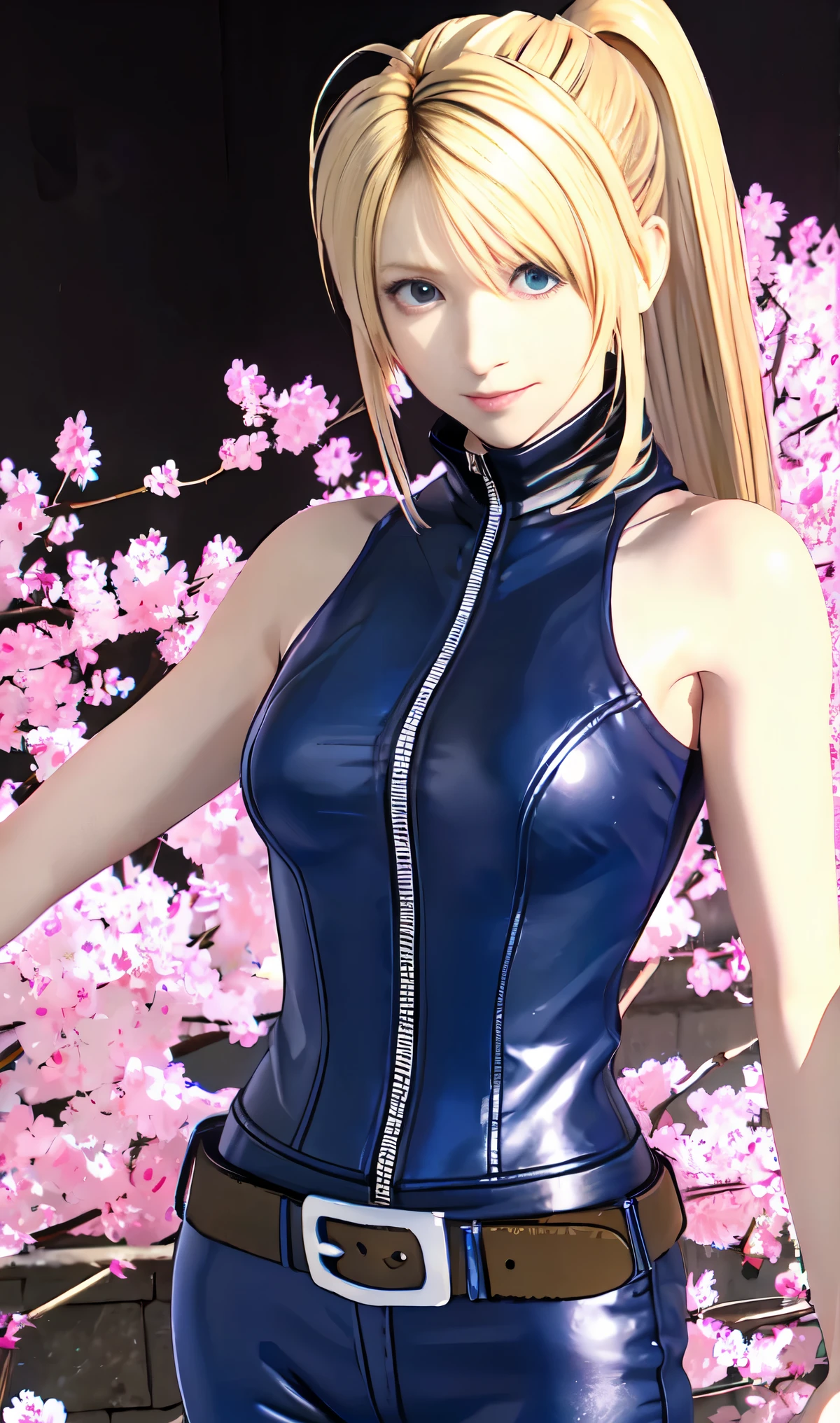 blue-black leather pants, silver zipper,belt below the waist,super fine illustration,blond hair , showing forehead, silver center zipper, leather blue black bodysuit, sleevelesblue blacks, shiny, blonde ponytail、Shortcuts、Bobcut、hair over one eye、sit、Hatsune Miku、hair above one eye, asymmetrical bangs,Standing picture、loose socks、cherry blossoms、cherry blossomsの花びら、cherry blossoms舞う、Hatsune Miku、gradient color hair、tie hair、colorful hair、cross-eyed、messy hair、blunt bang cut、black shirt、striped hair、messy hair、Sloppy、cross-eyed、drunk、( fool / sexual ecstasy)、highest quality, realistic, Super delicate illustration, beautiful and charming anime girl, slender body, tied hair, one girl, girl pictures, full body shot, beautiful red eyes,