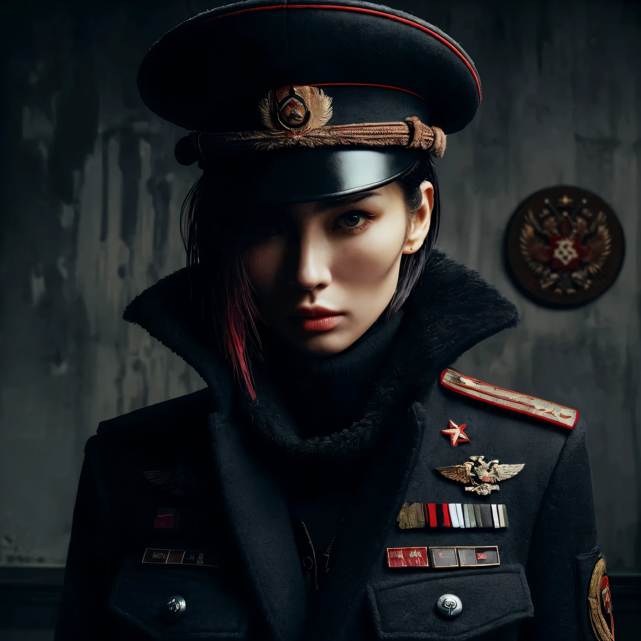 ((very sharp photo result & detailed face)) (((textile shading))), (((Best Quality))), (((masterpiece))), (((hyper realistic photo))) dark backlight shade full body shoot a tall tough cold japanese girl with short red slick back wet look hair wearing russian winter military kamerad top general coat & suit full badge with winter hat, posing on KGB bureau with russian military ornament at wall background, gritty atmosphere,4K, perfect