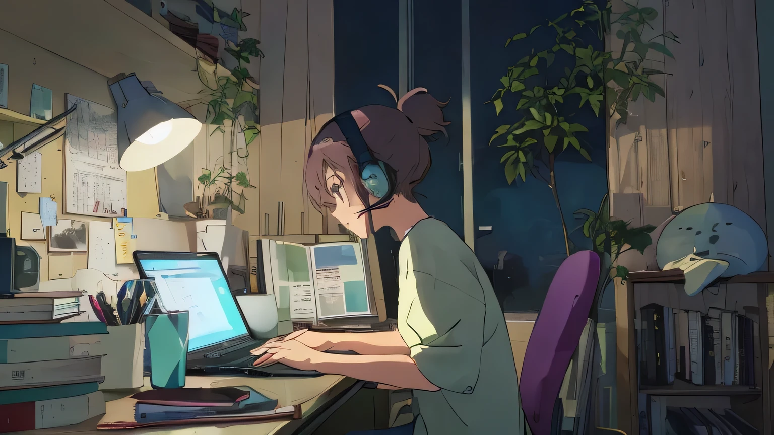 (best quality,4k,8k,highres,masterpiece:1.2),ultra-detailed,Lo-Fi,physically-based rendering,laid-back style,laptop,Headphones,Lofty Girl,Lofi art style,lively colors,vibrant lighting,Tokyo Anime Scene,Anime Movie Screenshots,college student,desk,in the middle of studying,casual anime character,sitting comfortably,enjoying the music,relaxed facial expression,dreamy atmosphere,gentle color palette,low-light setting,subtle shadowing,on a wooden desk,scattered stationery,stack of books,sunlight streaming in through the window.