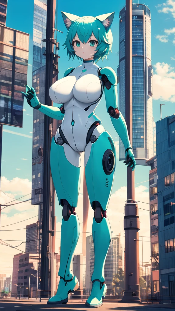 TV screen head robot girl big breasts cat ears cat tail sci-fi city full-body shot