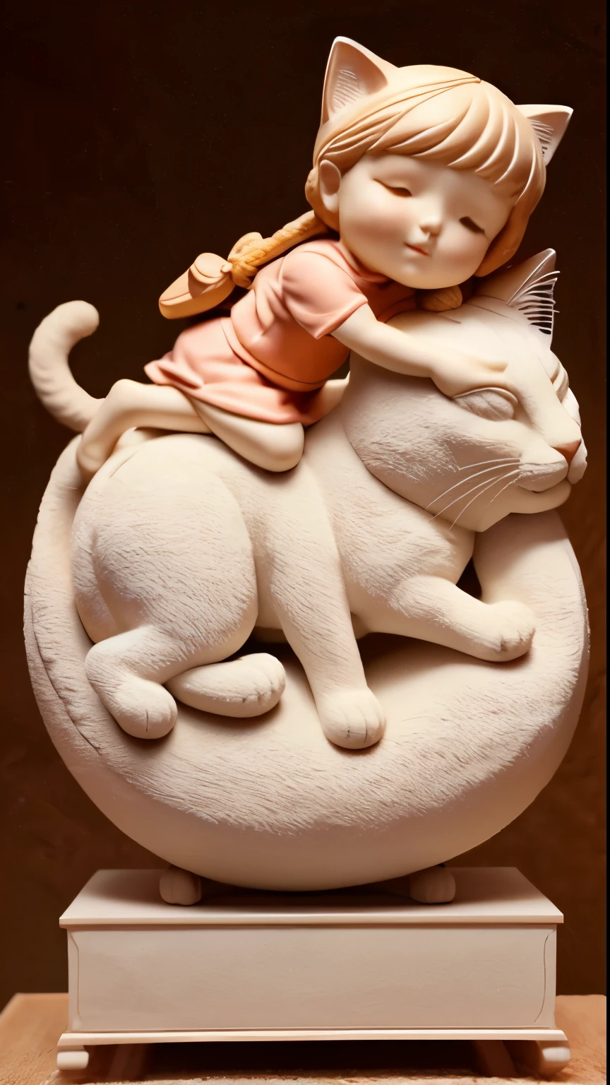 (best quality, high resolution, ultra-detailed), global light, neutral background, a sculpture resine toy a giant cat with a tiny girl sleepping on the giant cat's neck. The *********** is riding in the gigantic cat's cell. Style collectible toys, art toys, art toys on a pedestal.