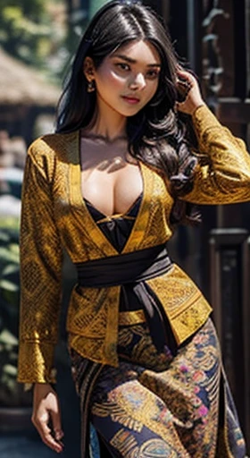 1 woman, Indonesia woman, 23 years old, long black hair, olive skin, smaller head, brown eyes, toned body, medium breasts, long sleeve blue kebaya, cleavage, tight batik pattern skirt, masterpiece, ultra HD, realistic masterpiece, blurred background, archipelago, dynamic poses, perfect hands, perfect face, perfect details, sharp focus