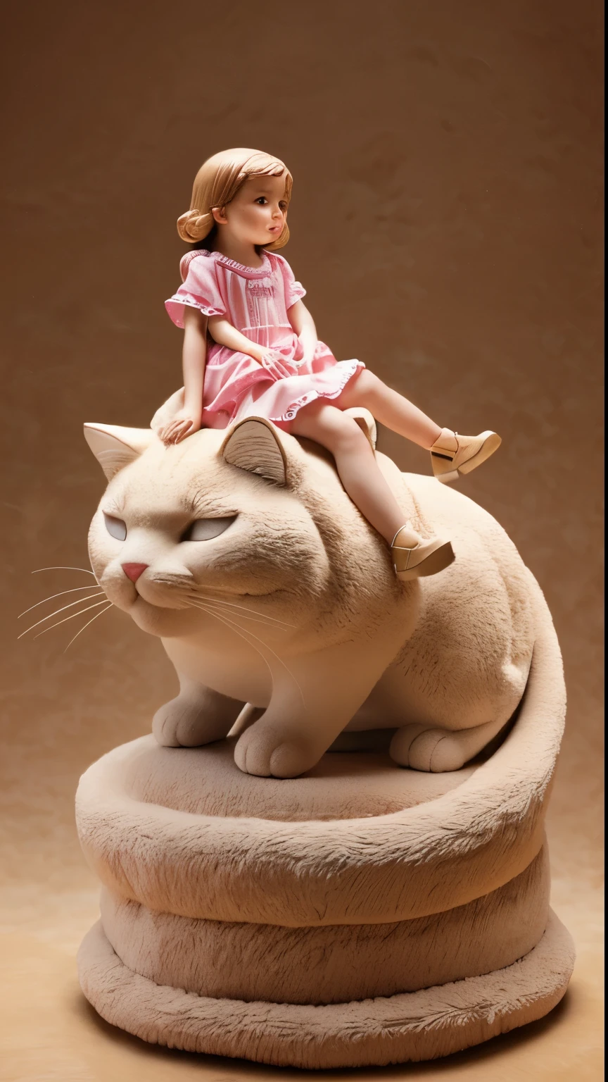 (best quality, high resolution, ultra-detailed), global light, neutral background, a sculpture resine toy a giant cat with a tiny girl sleepping on the giant cat's neck. The *********** is riding in the gigantic cat's cell. Style collectible toys, art toys, art toys on a pedestal.