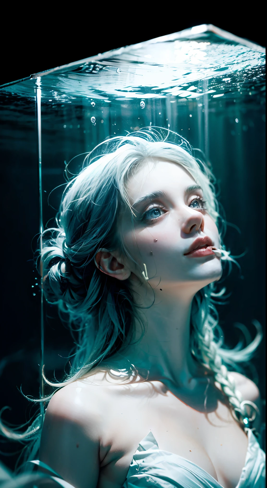 there is a woman floating in a room with a window, a hologram inspired by Elsa Bleda, unsplash, surrealism, under water visual distortion, still from a music video, thalassophobia, suspended underwater, virtual metaverse room, floating under water, astral projection, surreal photo, underwater perspective, photo taken in 2 0 2 0, highly detailed surreal vfx
