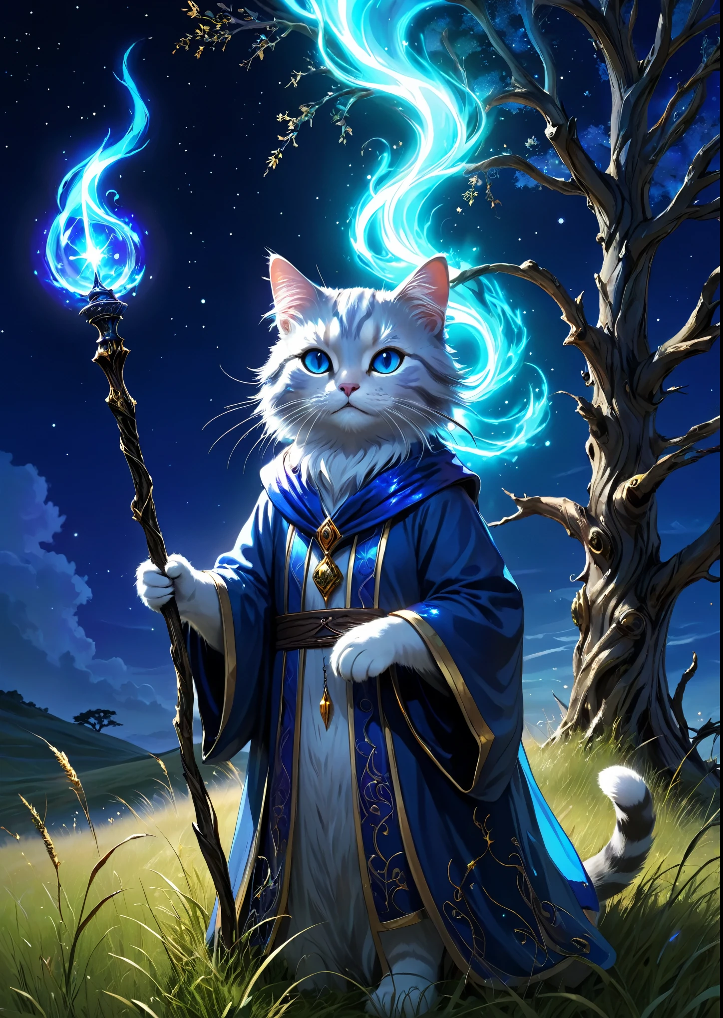 Cat Wizard、has a wand、Emits blue light、Dead tree in the grassland、Complex colors, Art Me、Actual Photos、High resolution、detailed、whole body