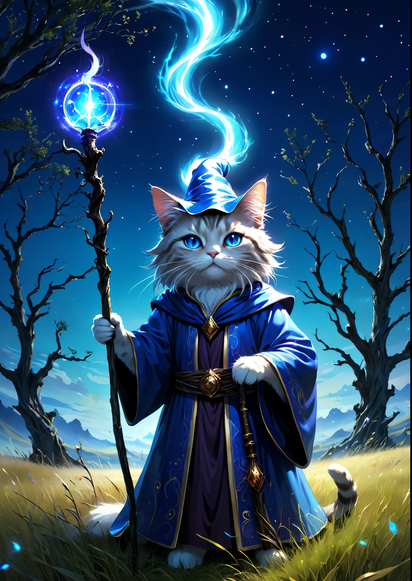 Cat Wizard、has a wand、Emits blue light、Dead tree in the grassland、Complex colors, Art Me、Actual Photos、High resolution、detailed、whole body