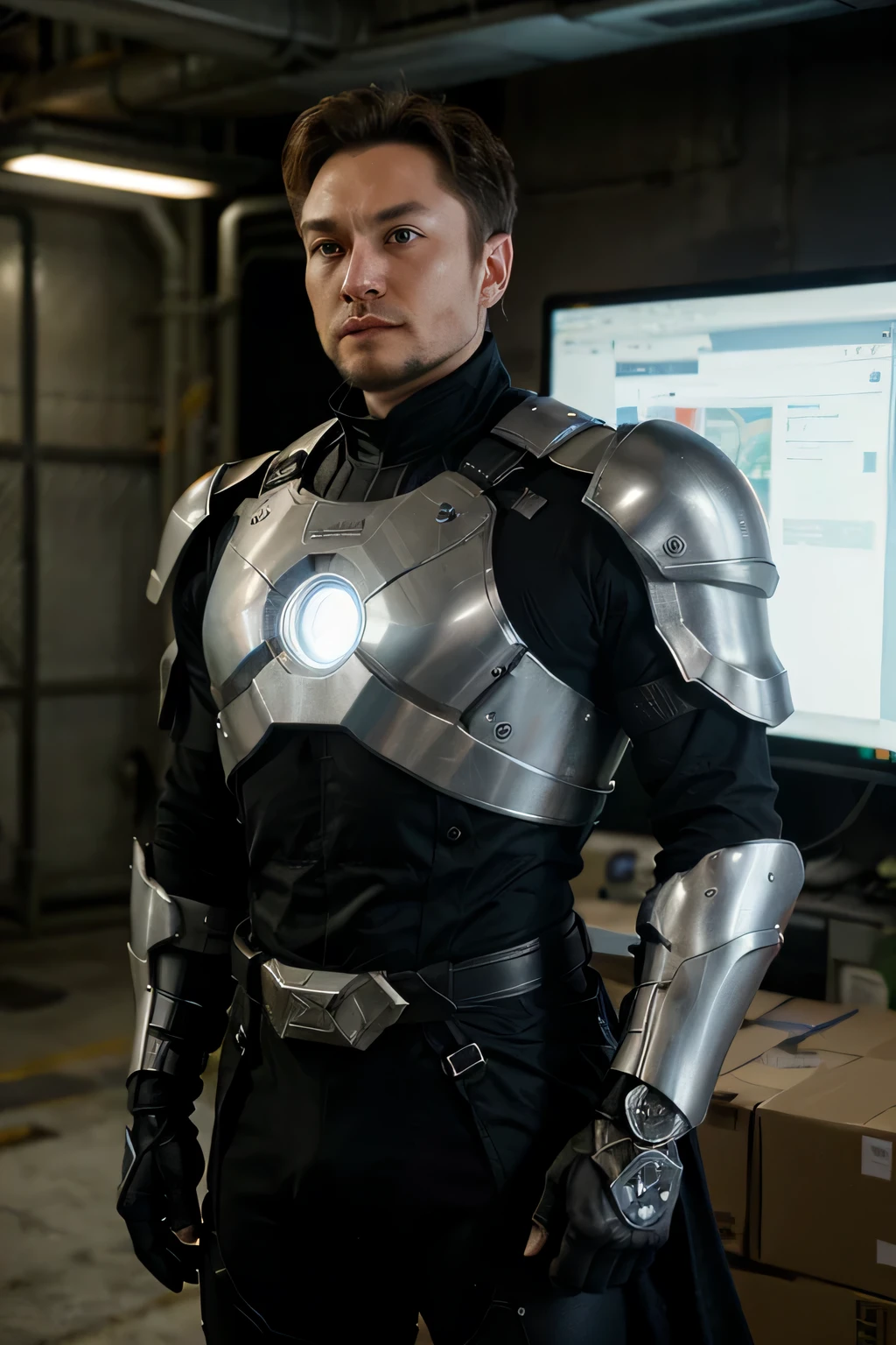 The hero "X-Force" is a fearless and visionary man, inspired by the real-life innovator Elon Musk at 52 years old. In a world where technology and humanity collide, X-Force emerges as a cyberpunk icon, blending advanced technological abilities with a rebellious spirit. Clad in a cutting-edge technological armor reminiscent of a futuristic knight, he combines the strength of steel with the brilliance of innovation. The armor, crafted by Stark Industries, bears the stylized symbol "X" on the chest, symbolizing his role as a guardian of progress in a dystopian landscape. A flowing cape billows behind him, adding a touch of superhero flair to his cybernetic warrior persona. With unwavering determination, X-Force fearlessly navigates the digital realm, using his Stark Industries-enhanced armor to shape a better and safer future for all in a world where technology reigns supreme.