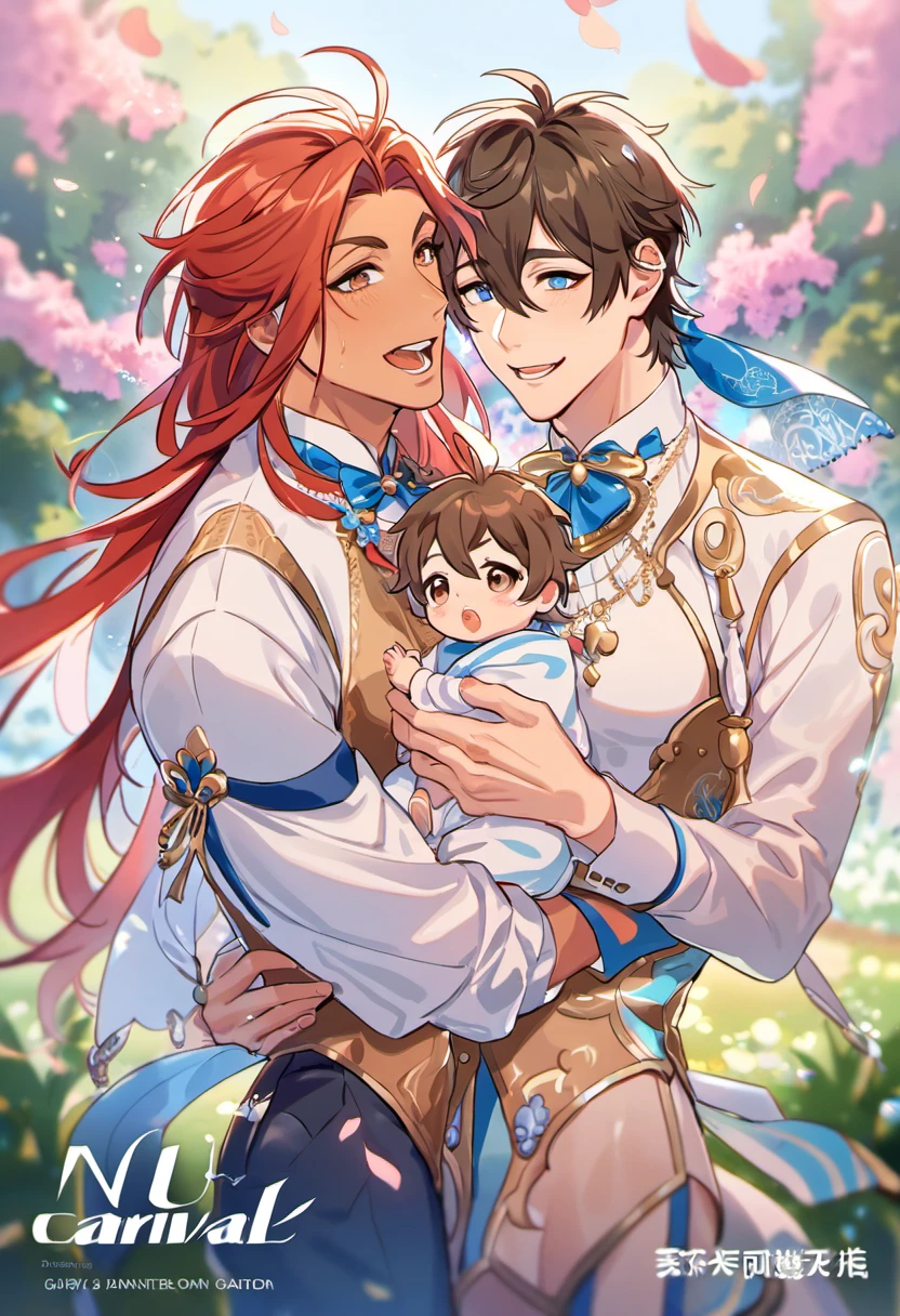 absurdres, highres, ultra detailed, HDR, master piece, best quality, Dante tanned skin, red long hair, expressive blue eyes, Nu Carnival, Eiden, brown hair, expressive brown eyes, 2 men together, holding a , gay couple, petals, garden, fantasy clothes