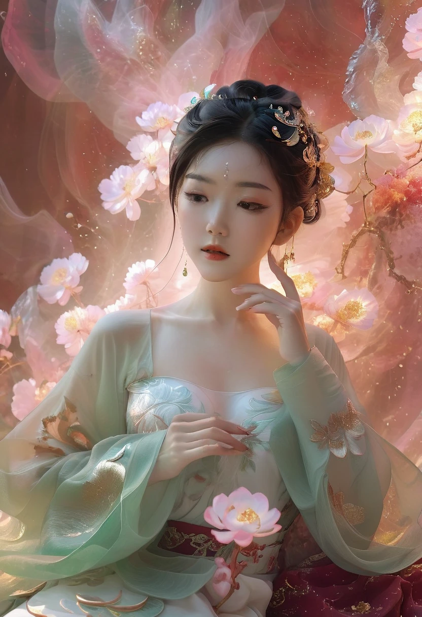 1 Asian female, beauty,Surrealism,Modern designer clothing,Sexy transparent jade tights,Breasts covered with jade,transparent long sleeves,leggings,Her skin glows with jade fractals,Transparent white jade skirt,She is surrounded by a dreamy jasper flower scene,Full of energy,Blooming jade lotus,Capturing ambient light and color。The woman looks calm,Flowing Ruby Hair, The light is soft and diffuse,Highlighting the transparency of her clothing and the radiance of her skin,flash, Backlight,translucent,Light particle blur,Movie lighting effects,Fractal background